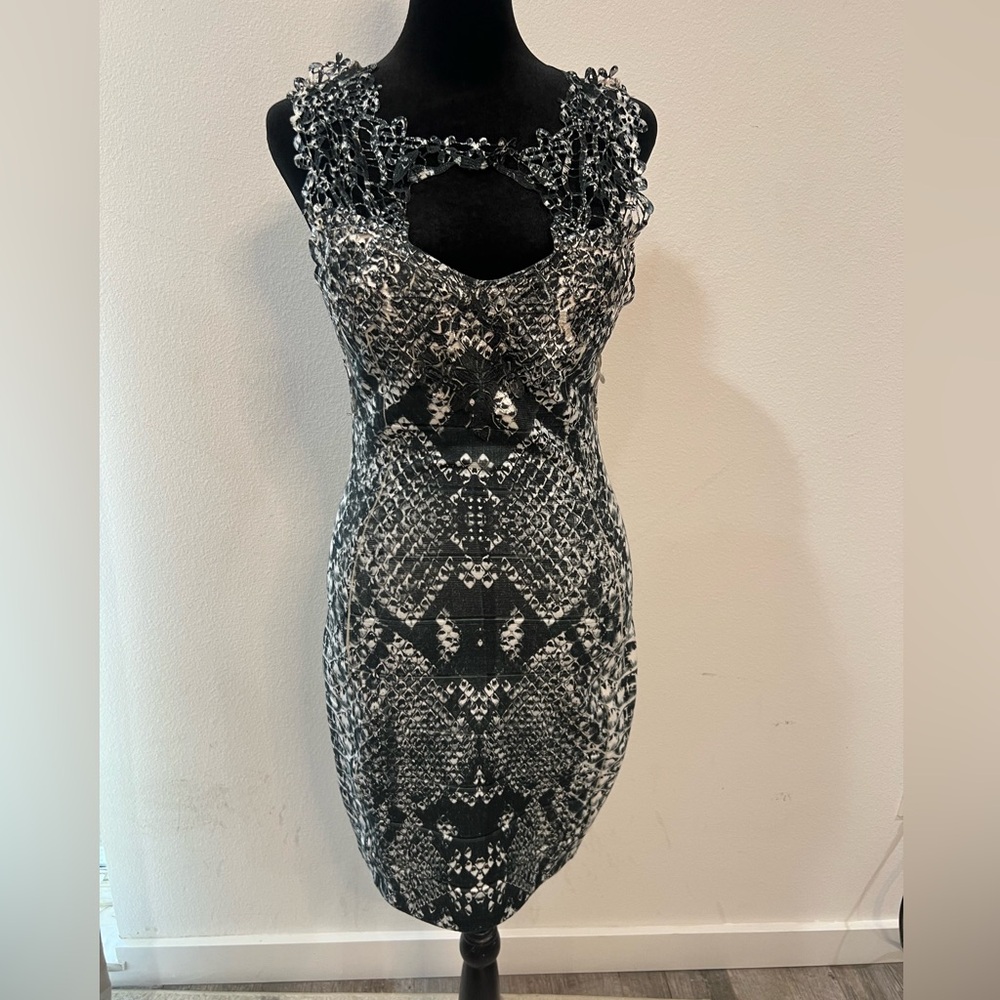 Brazilian Snake Print Bodycon Mini Dress Lace Cutout|Sheer Back| Size Small - Picture 2 of 7